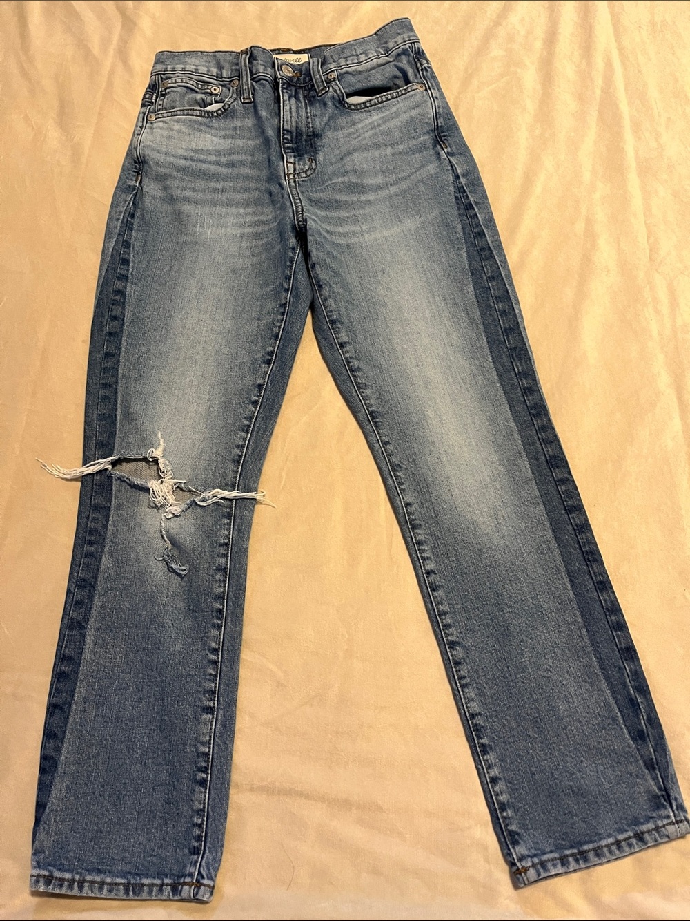 Madewell slim high-rise boyfriend Two-Tone Distressed Blue Jeans